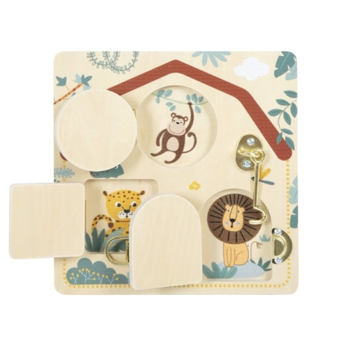 Small Foot activity board locks and latches safari