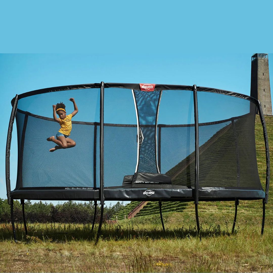 Trampoline Berg Grand Champion Regular 350 gris + filet de sécurité Deluxe